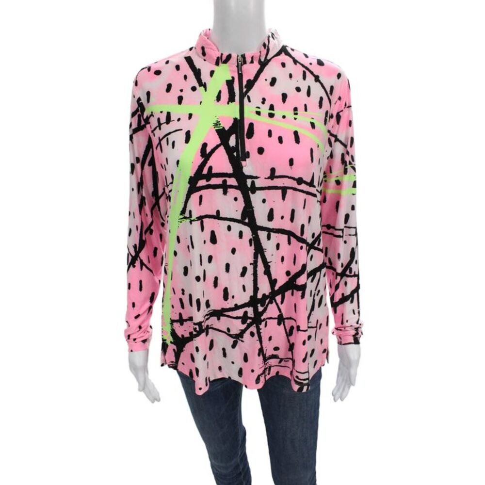 Jamie Sadock Women Collared Long Sleeve Pullover Top Spotted Multi Zip Size L
